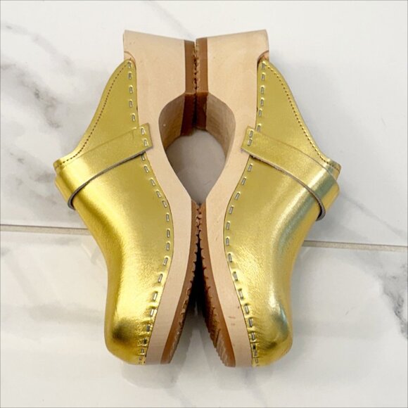 Sandgrens Handmade Swedish Metallic Gold Wood Clogs Low Heel Mule 8 - Picture 5 of 12
